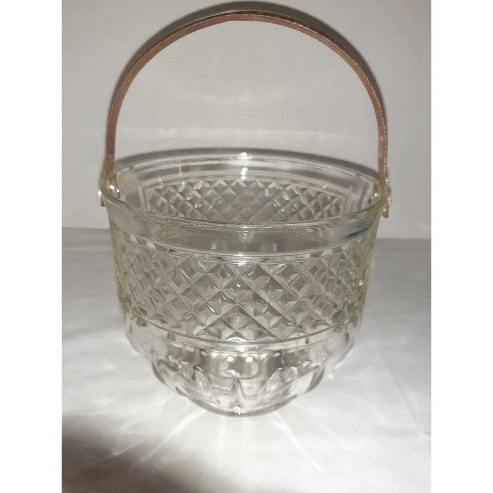 Vtg Barware Glass Ice Bucket Diamond w/Rustic Hammered Metal Handle
